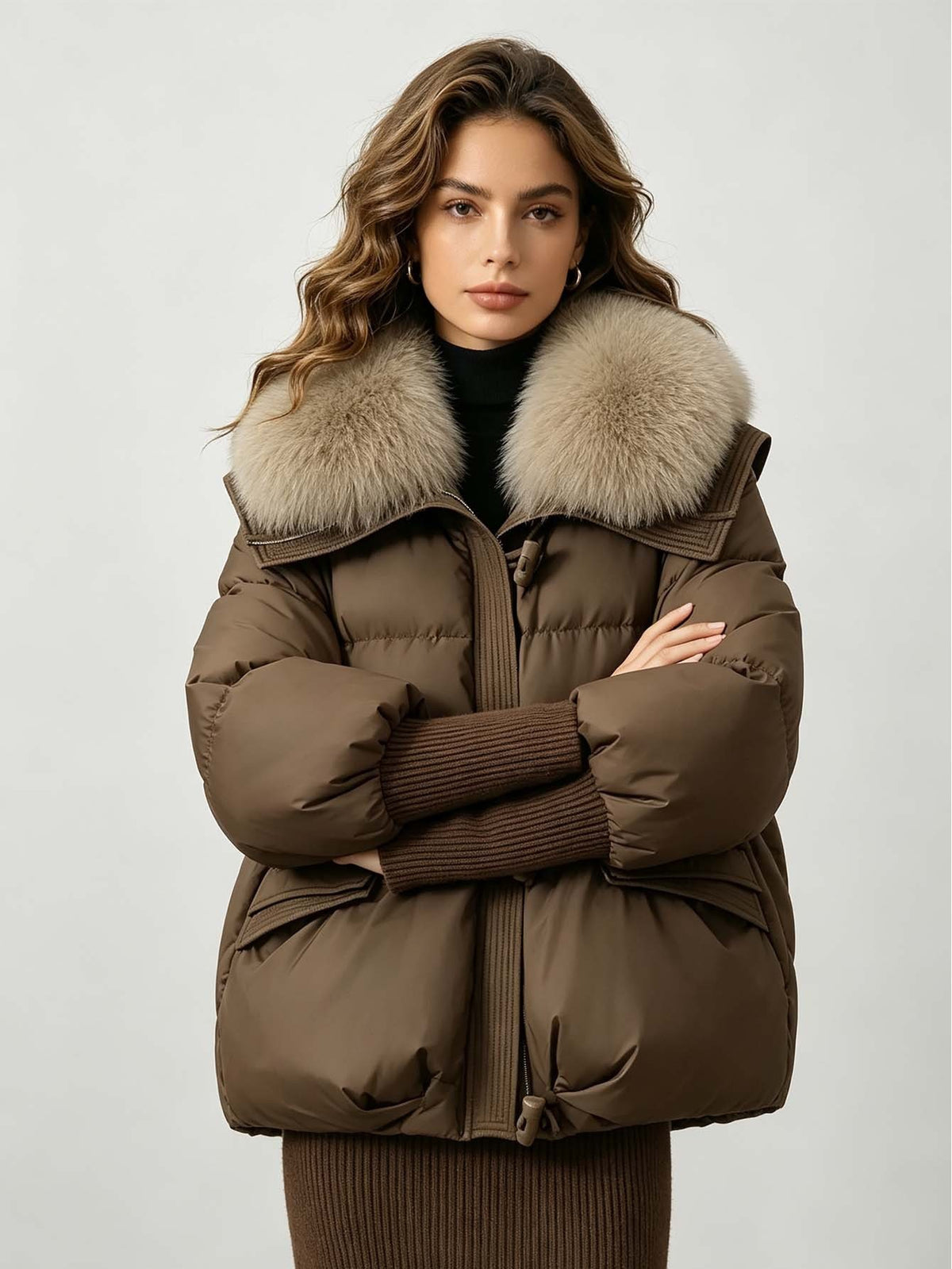 Women's Loose Cropped Puffer Jacket with Oversized Fur Collar