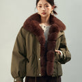 Women's Cropped Workwear Parka with Detachable Large Fur Collar, Thickened Cotton-Filled Windbreaker Coat