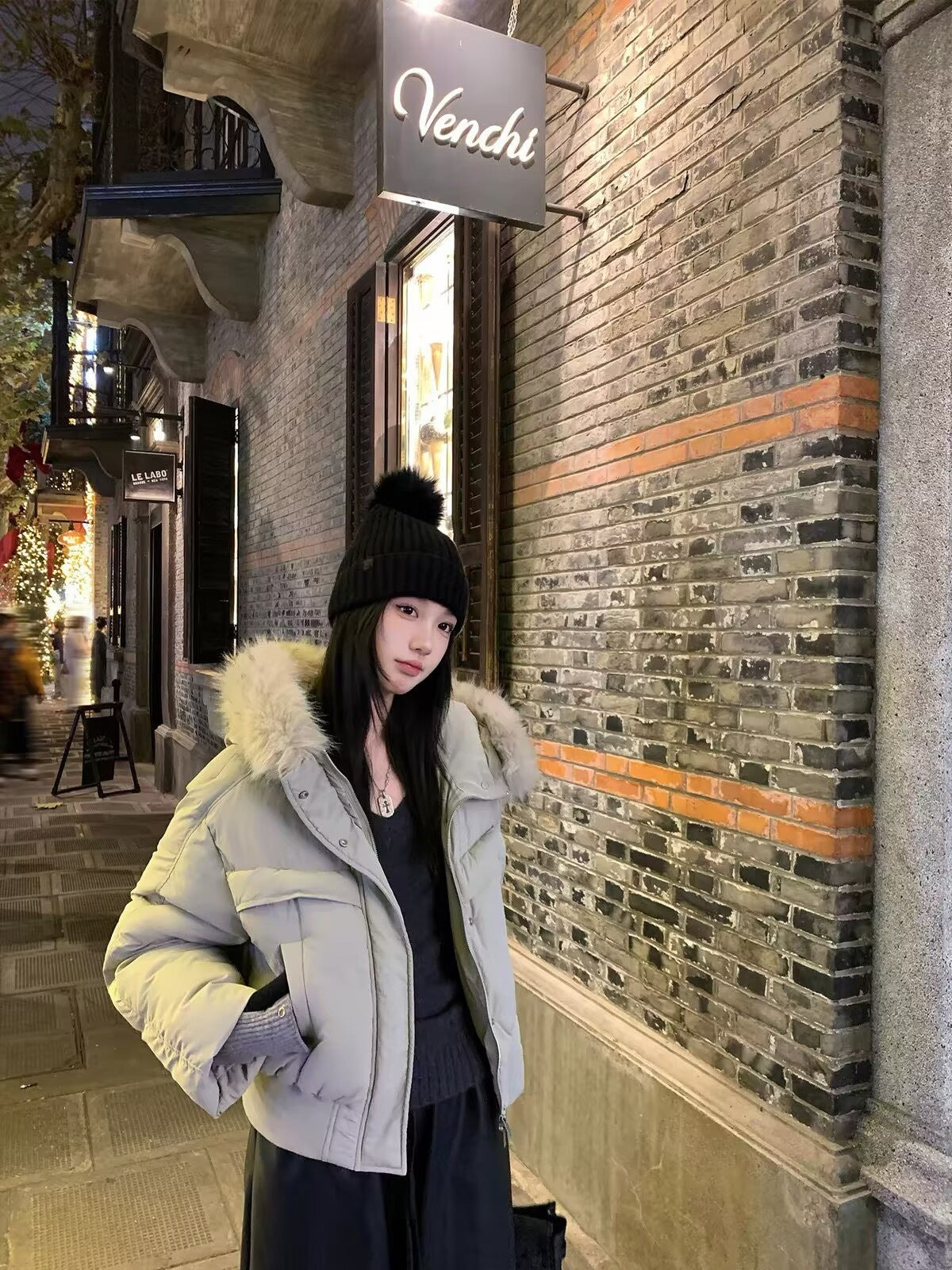Gray Women's Thickened Padded Coat with Large Fur Collar