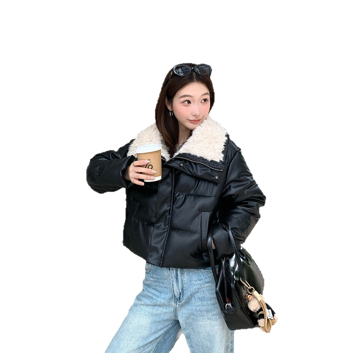 Women's Winter Fleece Lapel Padded Jacket, Protein Leather Feel Splicing Thickened Warm Coat