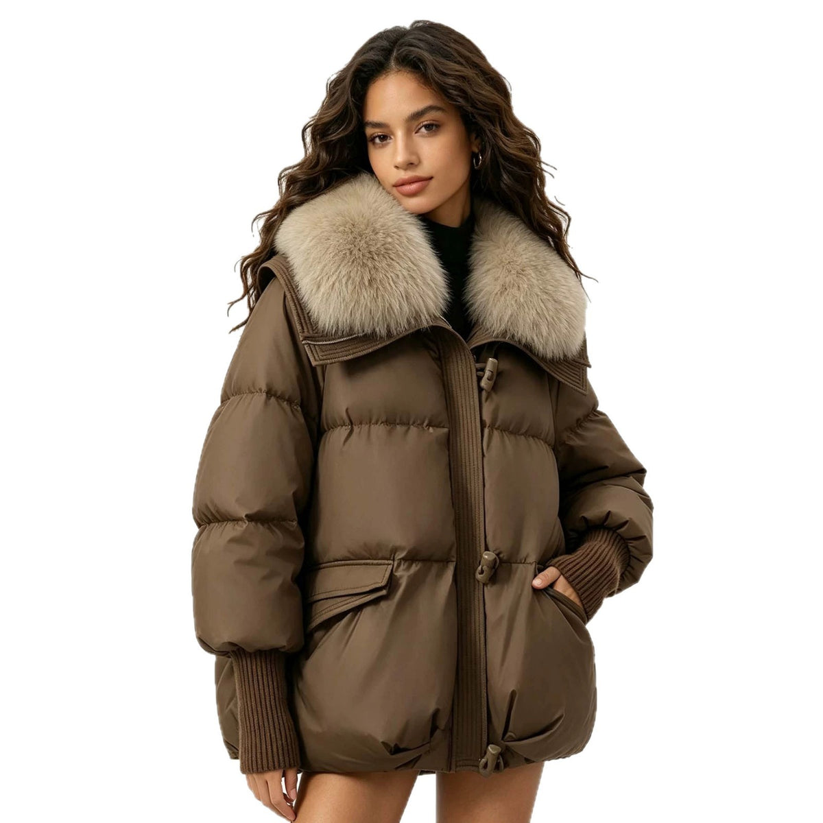Women's Loose Cropped Puffer Jacket with Oversized Fur Collar