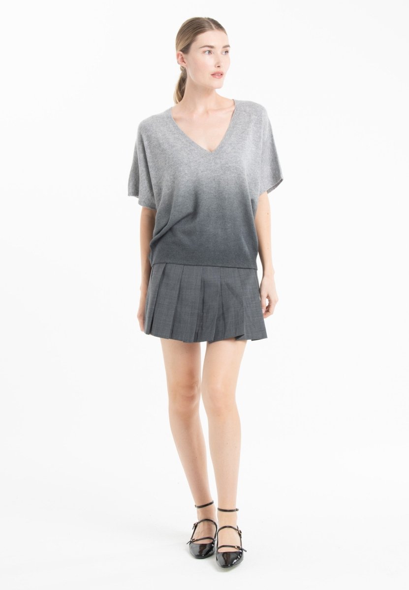 Pull col V manches chauve souris femme en cachemire tie & dye gris clair & gris anthracite - RIA 7B